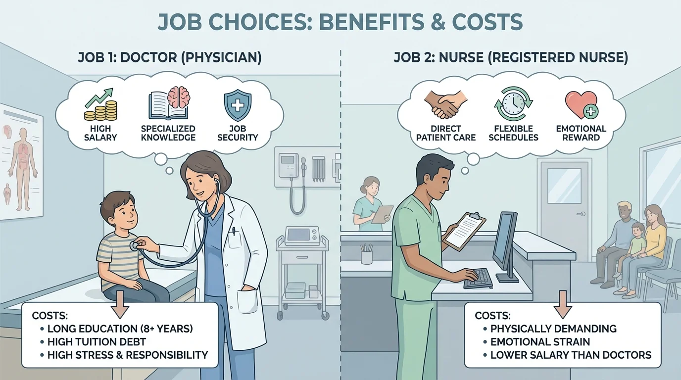 Doctor in a clinic checking a child with a stethoscope, with a nurse station and waiting room in the background