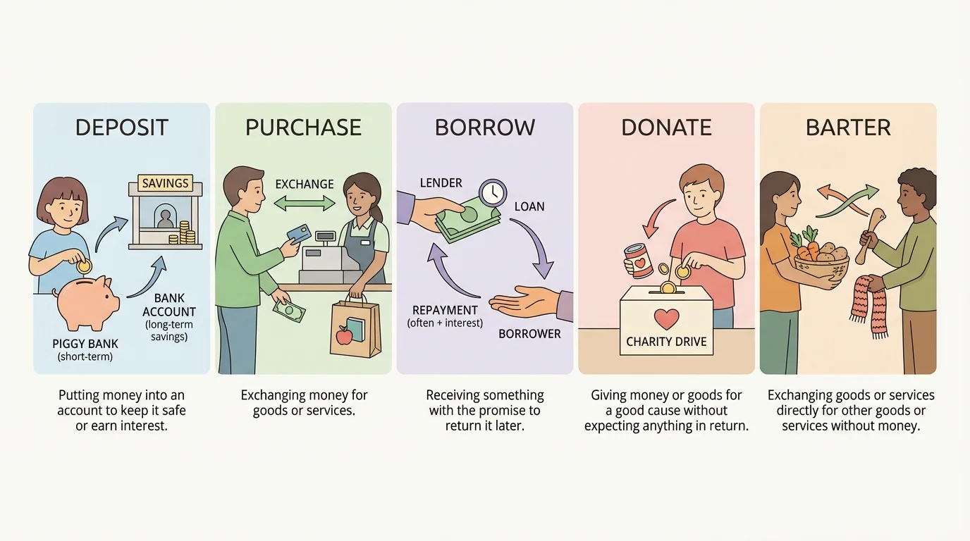 Child placing coins into a piggy bank and a bank counter labeled savings