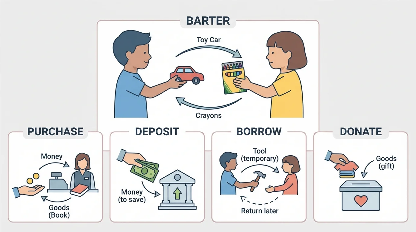 Two children trading a toy car for a box of crayons with exchange arrows