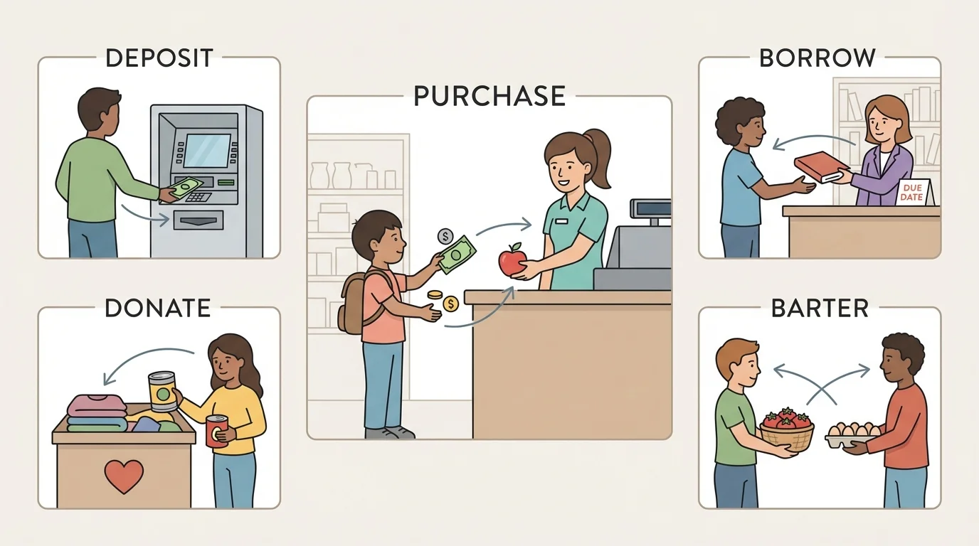 Simple store scene with child paying money and getting an apple from a cashier