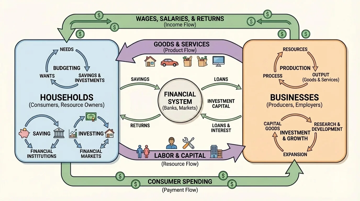 diagram showing consumers buying goods and services from businesses, and businesses paying wages to households, with arrows showing money and products