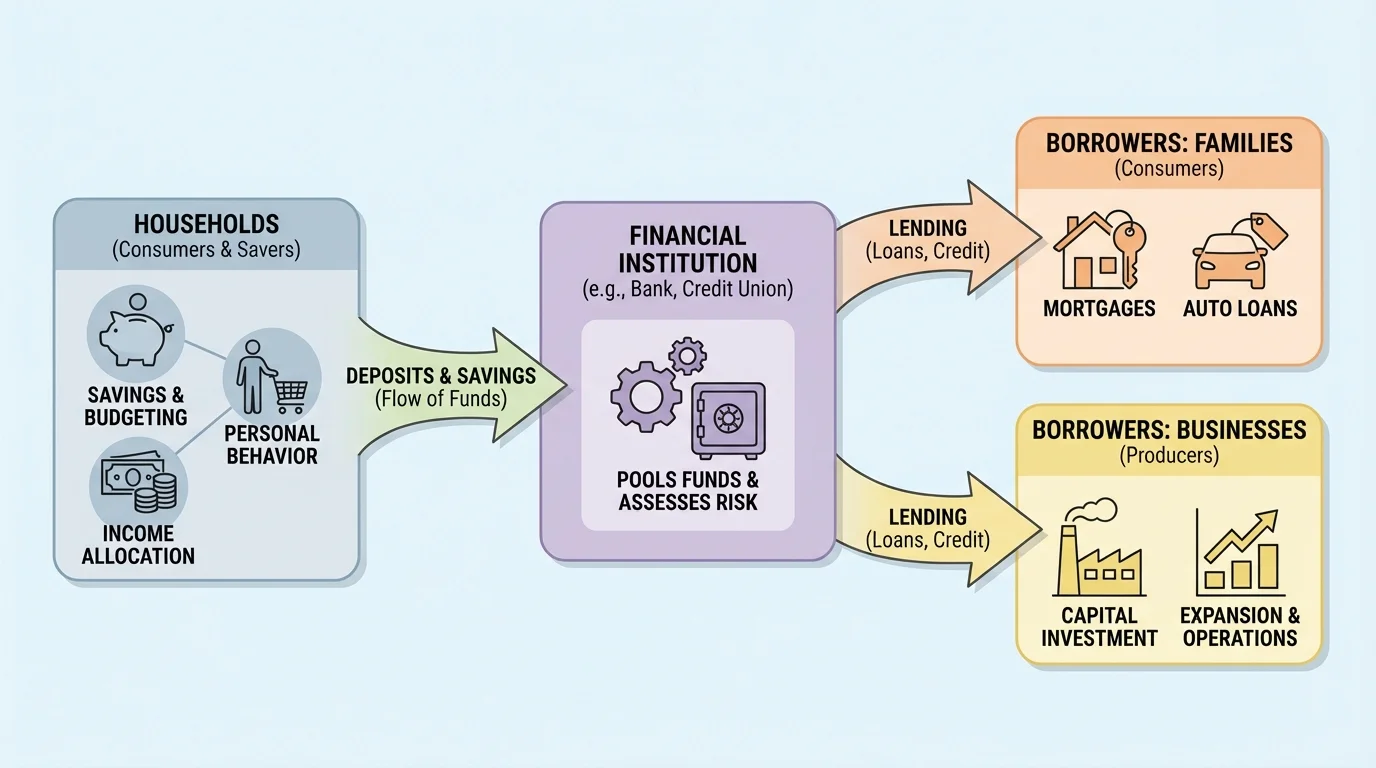 flowchart showing households depositing savings in a bank, and the bank lending money to families and businesses