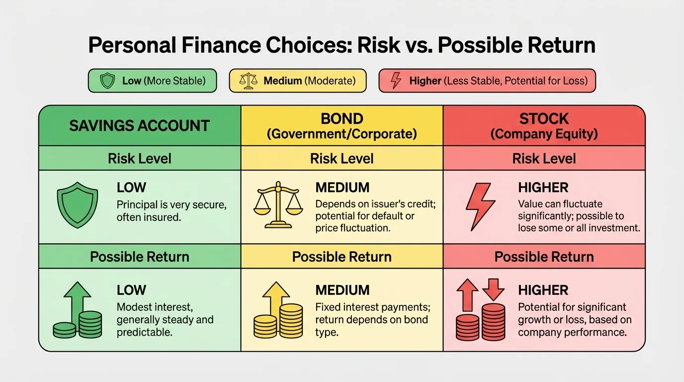 chart comparing low, medium, and higher risk choices with possible returns for savings account, bond, and stock