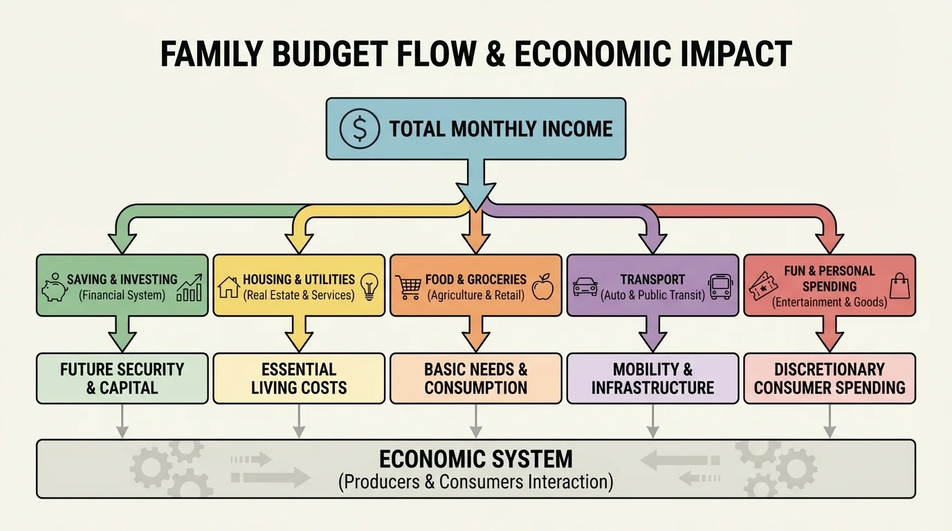 chart showing a student-friendly family budget with income and categories like saving, food, housing, transport, and fun spending