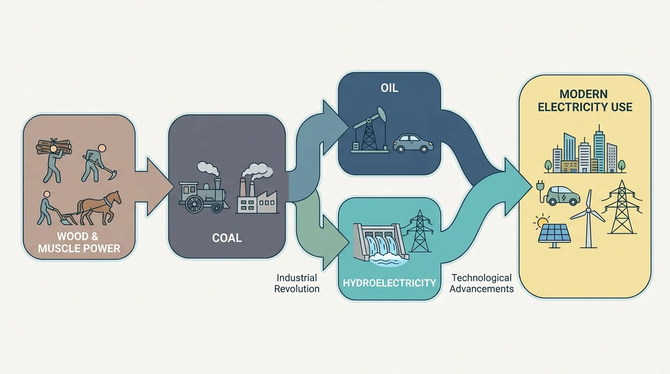 Flowchart showing energy transitions from wood and muscle power to coal, oil, hydroelectricity, and modern electricity use in transport, factories, and cities