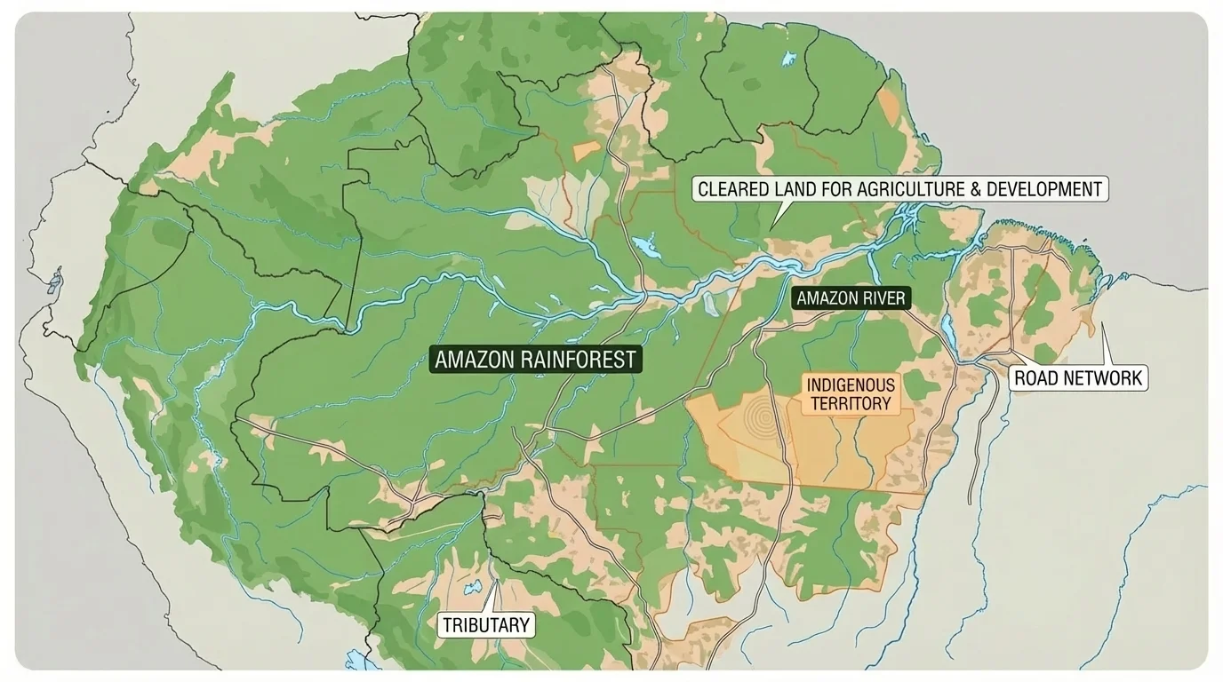 Map of northern South America highlighting the Amazon rainforest with patches of cleared land, roads, rivers, and nearby Indigenous territories