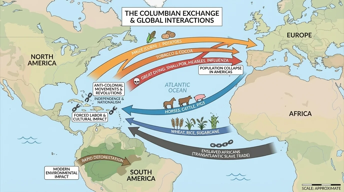 Map of the Atlantic world with arrows showing movement of maize, potatoes, horses, smallpox, sugar, and enslaved Africans between Europe, Africa, and the Americas