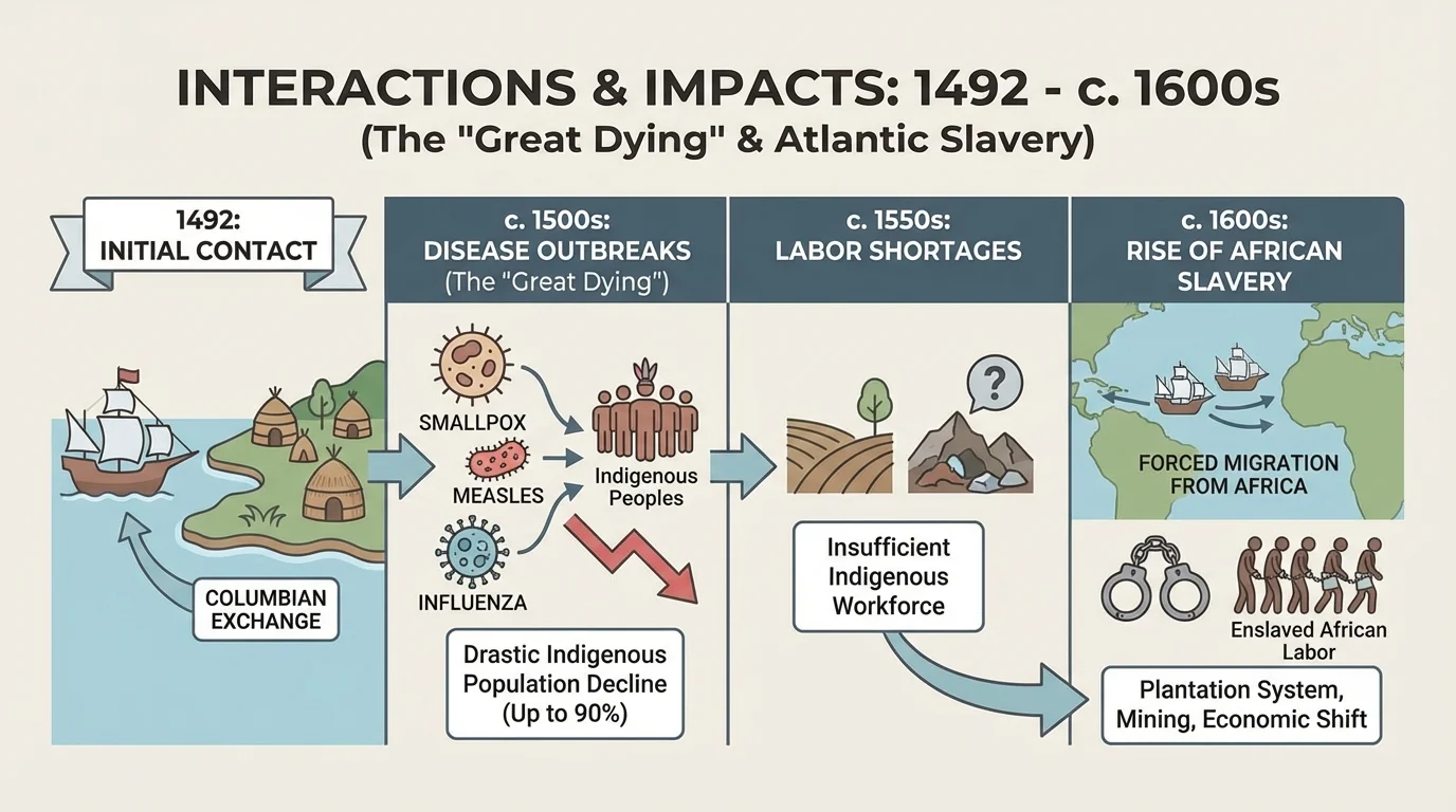 Timeline from 1492 through the 1600s showing disease outbreaks, population decline, labor shortages, and rise of African slavery in parts of the Americas