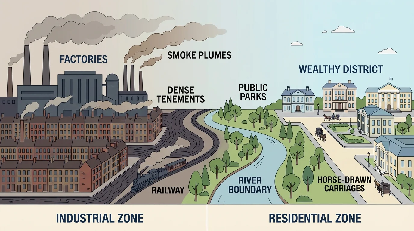 19th-century industrial city with smoky factories, crowded worker housing, and a contrasting wealthy district