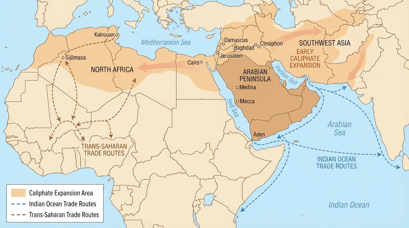 map showing the Arabian Peninsula, early caliphate expansion into North Africa and Southwest Asia, and major Indian Ocean and trans-Saharan trade routes