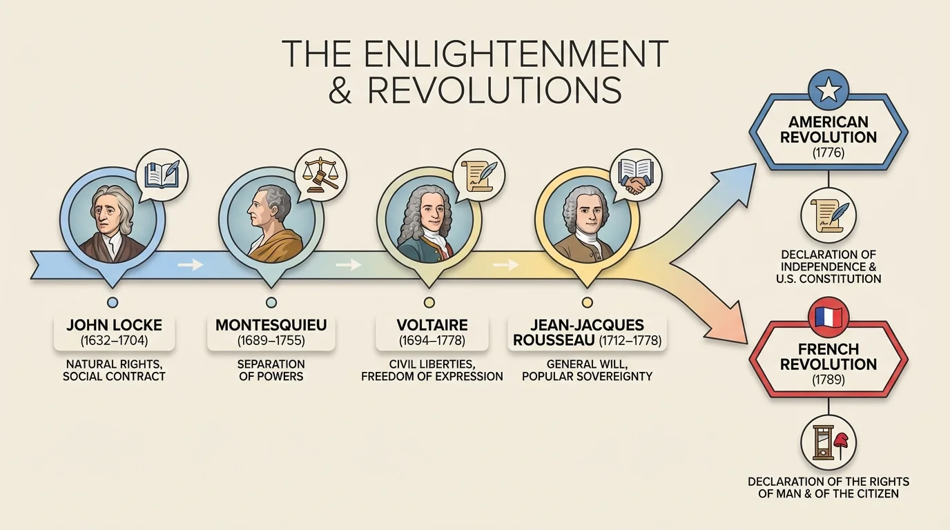timeline with Locke, Montesquieu, Voltaire, Rousseau, and links to the American Revolution and French Revolution