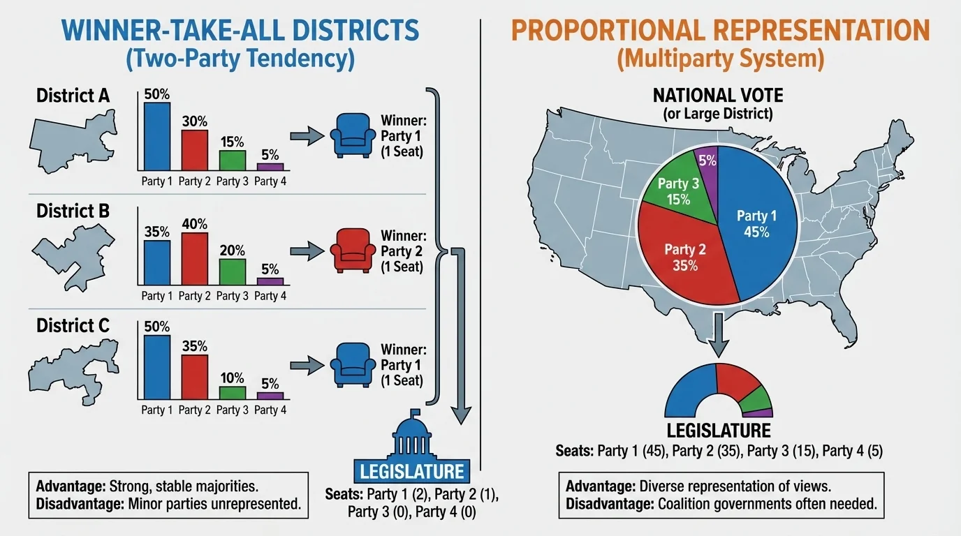side-by-side comparison of a winner-take-all district and a proportional representation legislature, showing how the same vote totals produce two-party dominance in one case and multiple party seats in the other