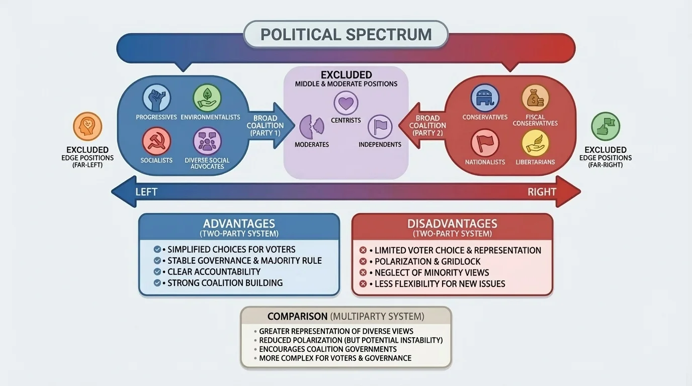 political spectrum with several voter groups and issue positions compressed into two major party coalitions, labeled to show broad coalitions and excluded middle or edge positions