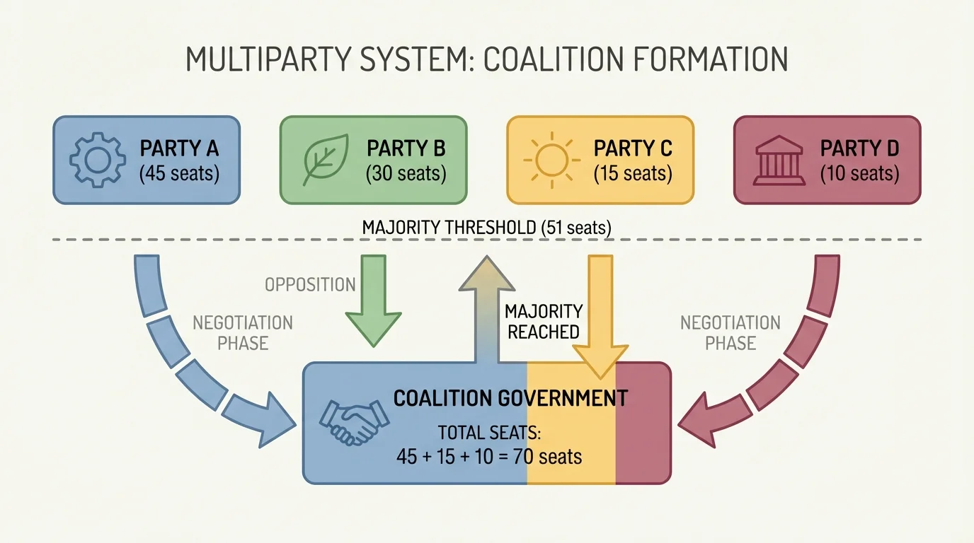 four parties winning different numbers of seats after an election and then negotiating arrows into a coalition government that reaches a majority