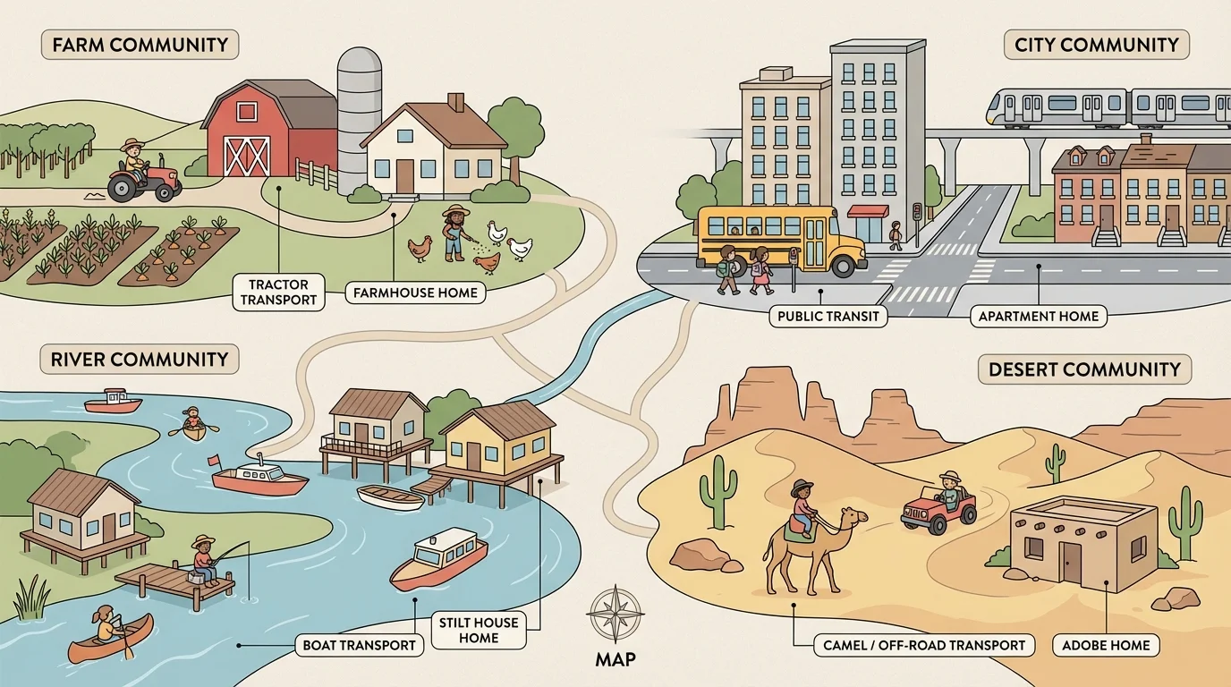 Simple map-style scene with farm, city, river, and desert areas, each with children using fitting transportation and homes
