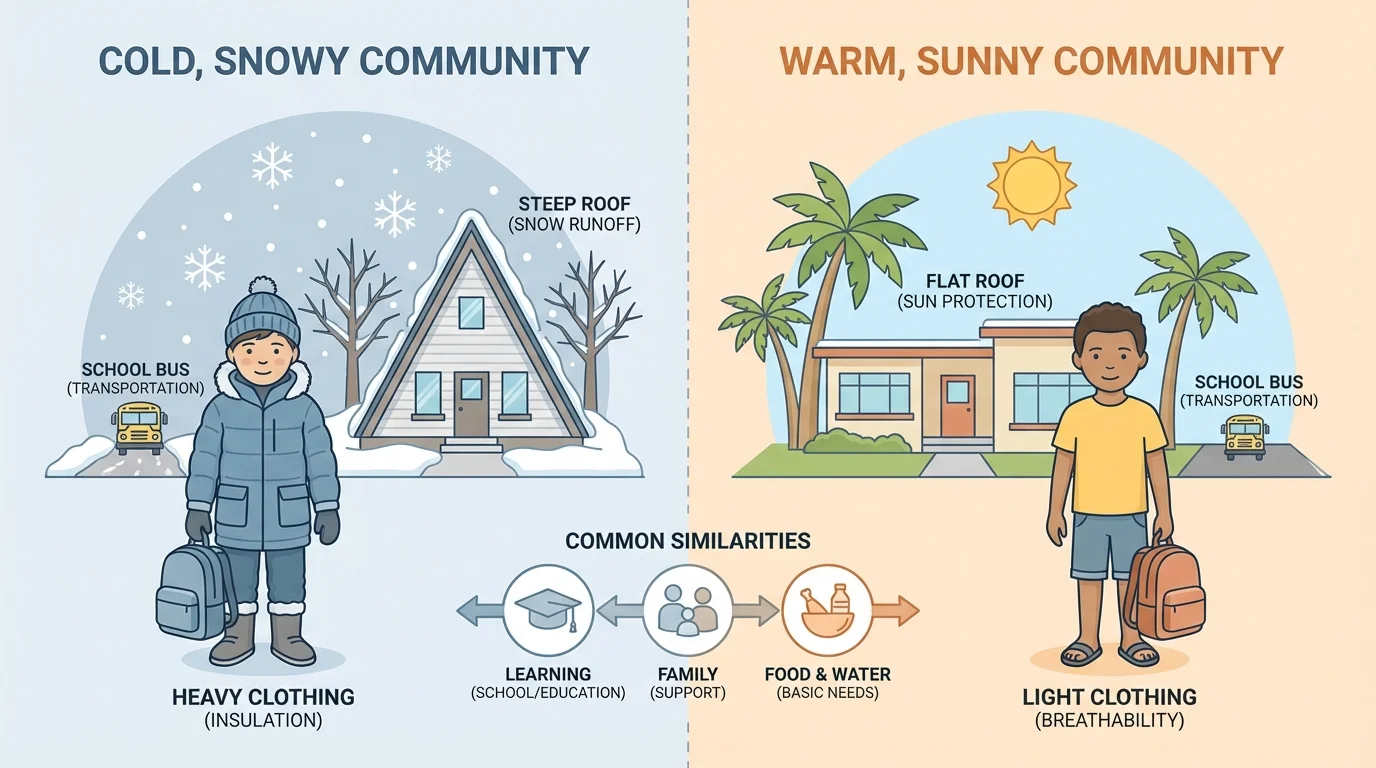 Two children in different communities, one in a snowy place with coats and a house with a steep roof, one in a warm sunny place with light clothes and palm trees