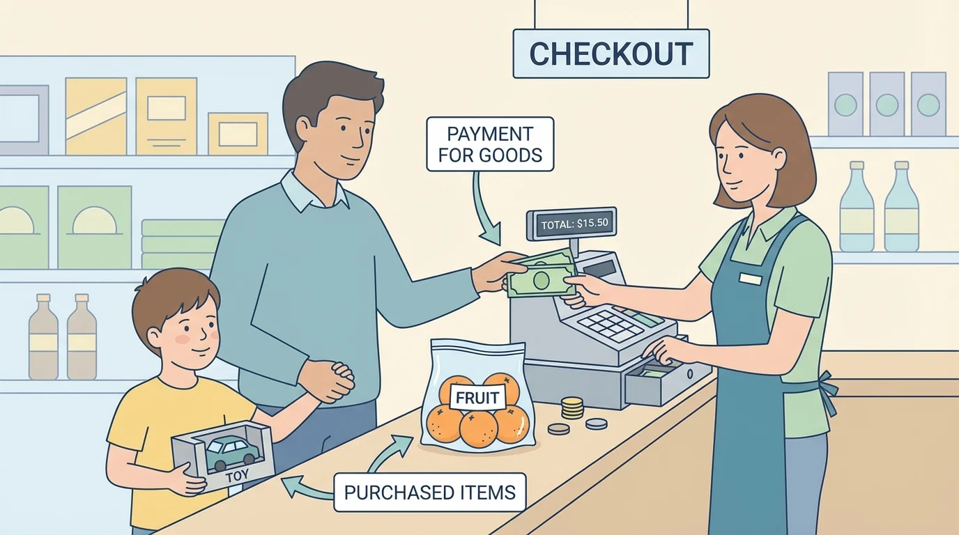 child with adult at a small store paying for fruit and a toy, with money handed to a cashier