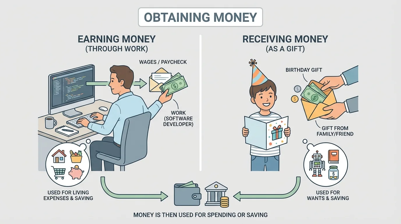 adult at work earning money and child receiving a birthday money gift in two side-by-side scenes