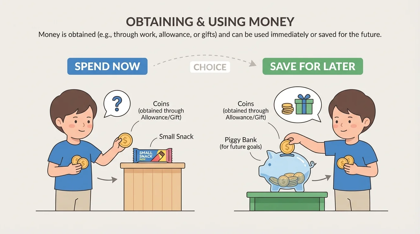 child choosing between buying one small snack now and putting money into a piggy bank for later