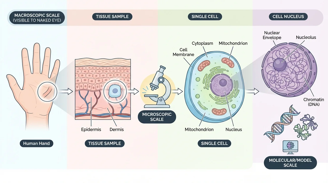 Scale diagram from human hand to tissue sample to single cell to nucleus, showing why microscopes and models are needed