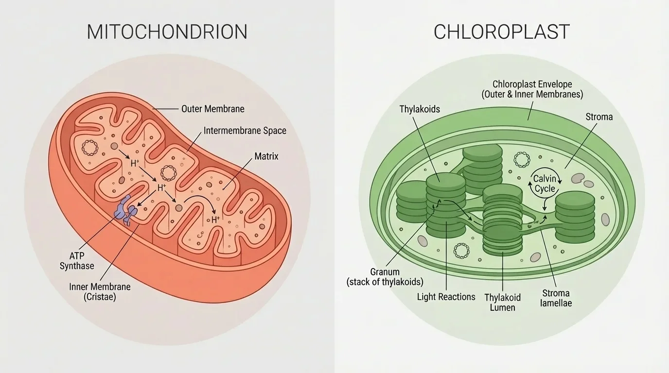 Side-by-side diagram of mitochondrion and chloroplast showing folded inner membrane and stacked chloroplast membranes