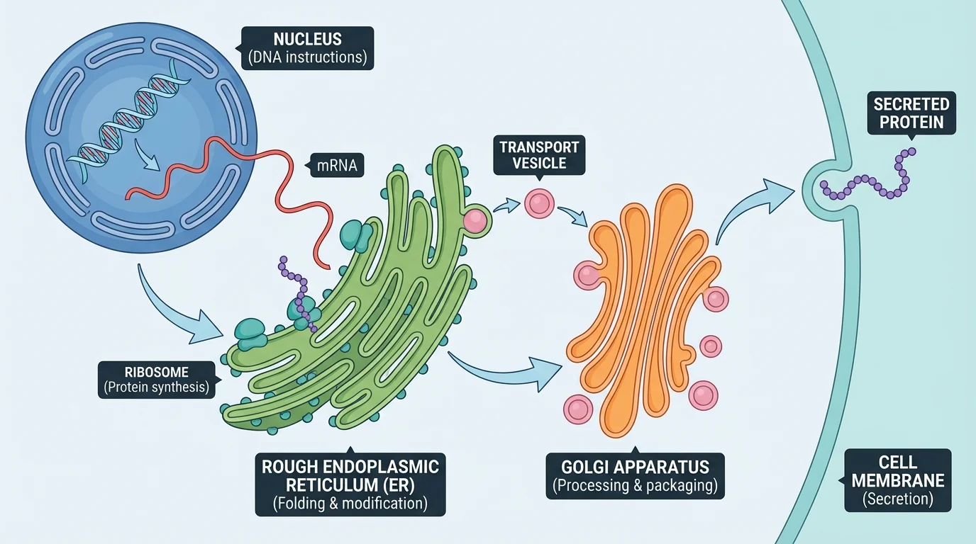 Flow diagram of protein production and transport from nucleus instructions to ribosome, rough ER, Golgi apparatus, vesicle, and cell membrane