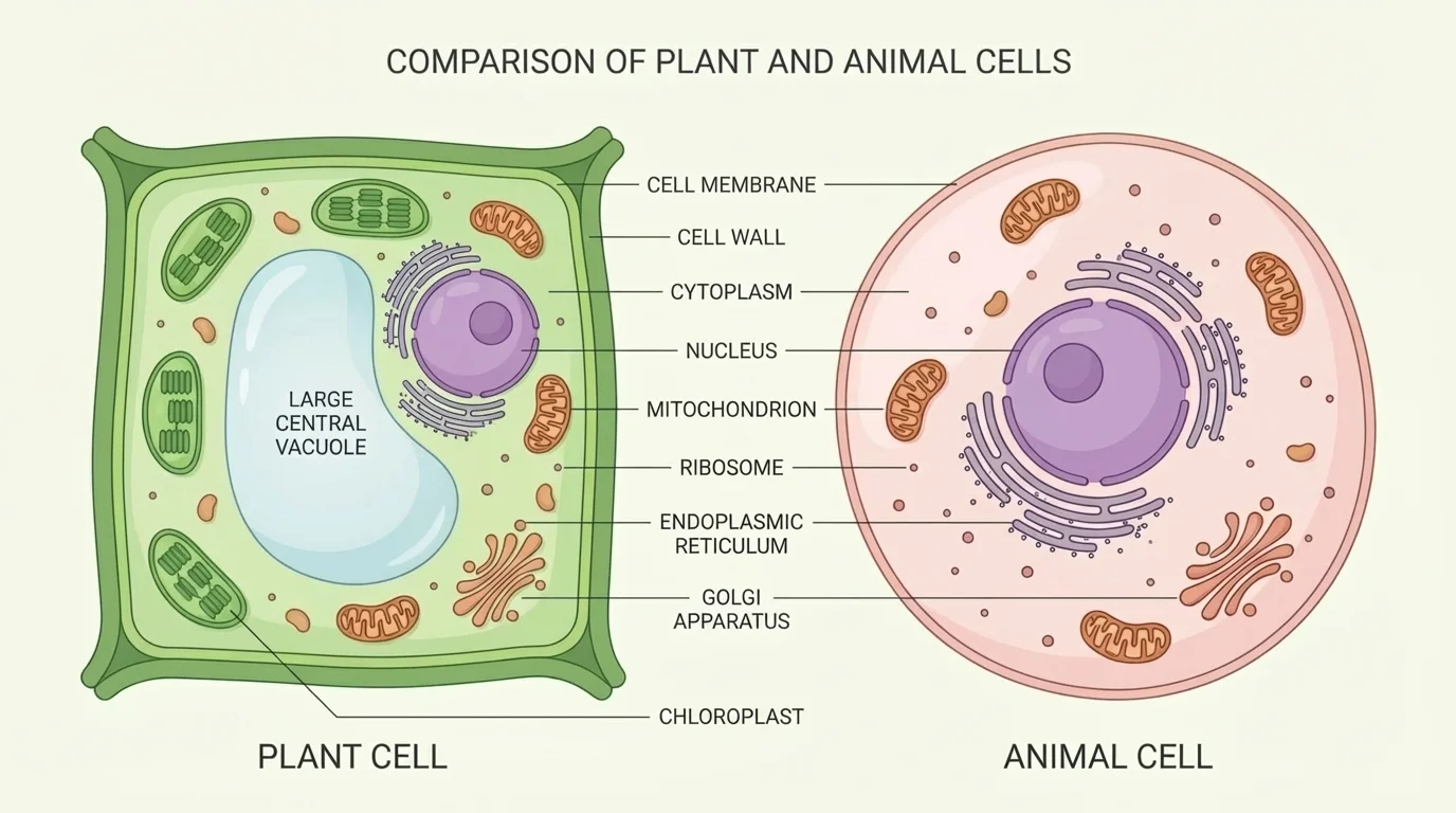 Side-by-side plant and animal cells labeled with shared organelles and plant-only structures such as cell wall, chloroplast, and large central vacuole
