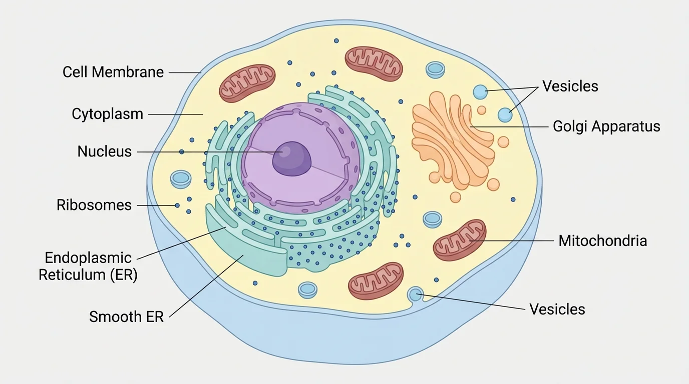 Labeled animal cell with membrane, cytoplasm, nucleus, ribosomes, ER, Golgi apparatus, mitochondria, and vesicles