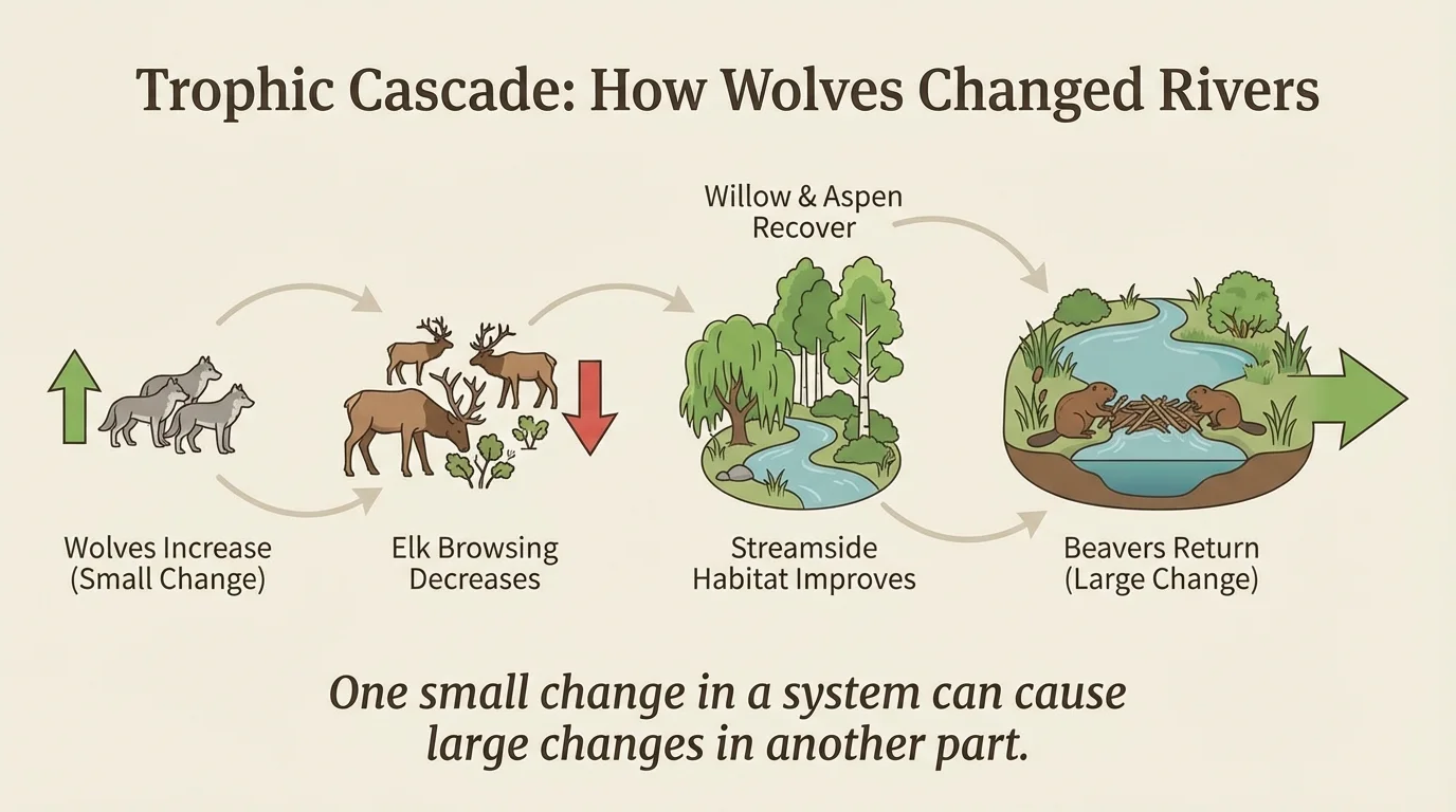 Sequence showing wolves increase, elk browsing decreases, willow and aspen recover, streamside habitat improves, and beavers return