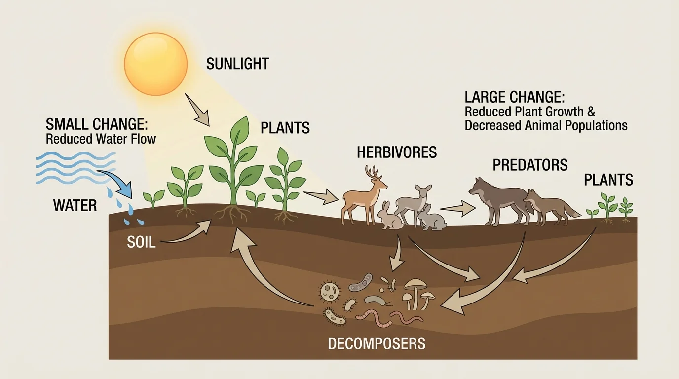 Labeled ecosystem diagram showing sunlight, water, soil, plants, herbivores, predators, and decomposers connected by arrows to show interactions among abiotic and biotic factors