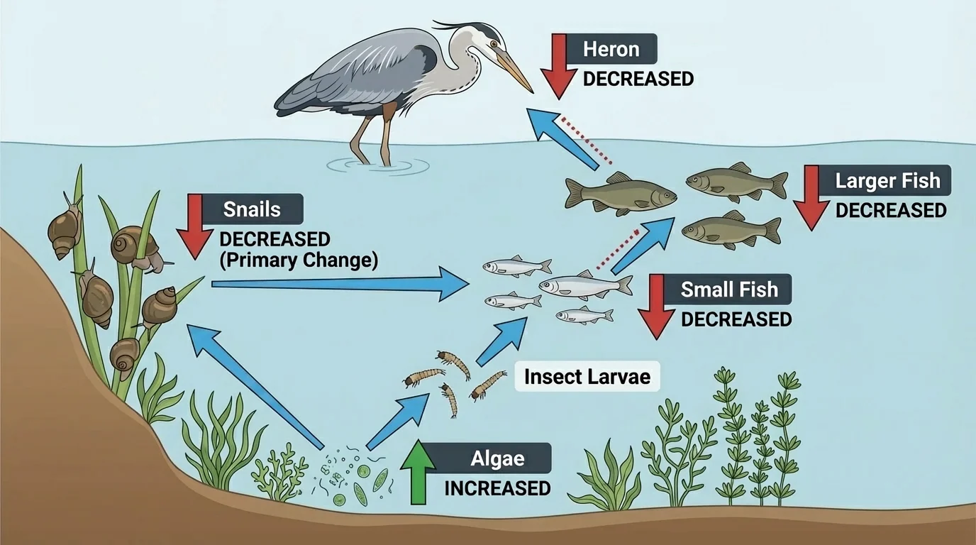 Pond food web showing algae, insect larvae, snails, small fish, larger fish, and heron with arrows for feeding relationships and one species marked as decreased to show ripple effects