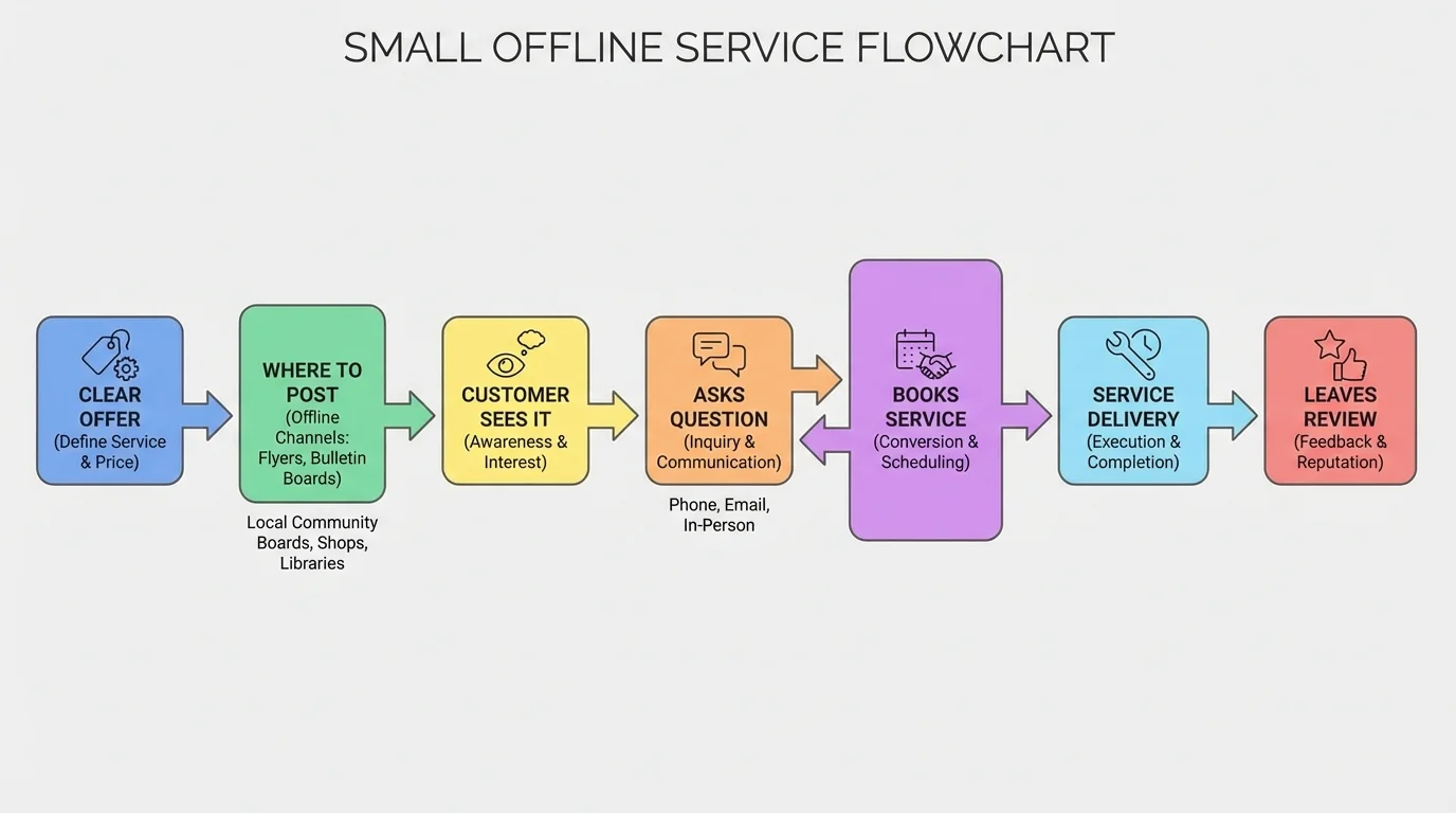 flowchart showing clear offer, where to post, customer sees it, asks question, books service, leaves review
