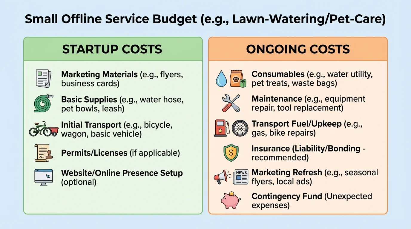 chart with two columns labeled startup costs and ongoing costs for a lawn-watering or pet-care service, with sample items like flyers, supplies, transport, and snacks