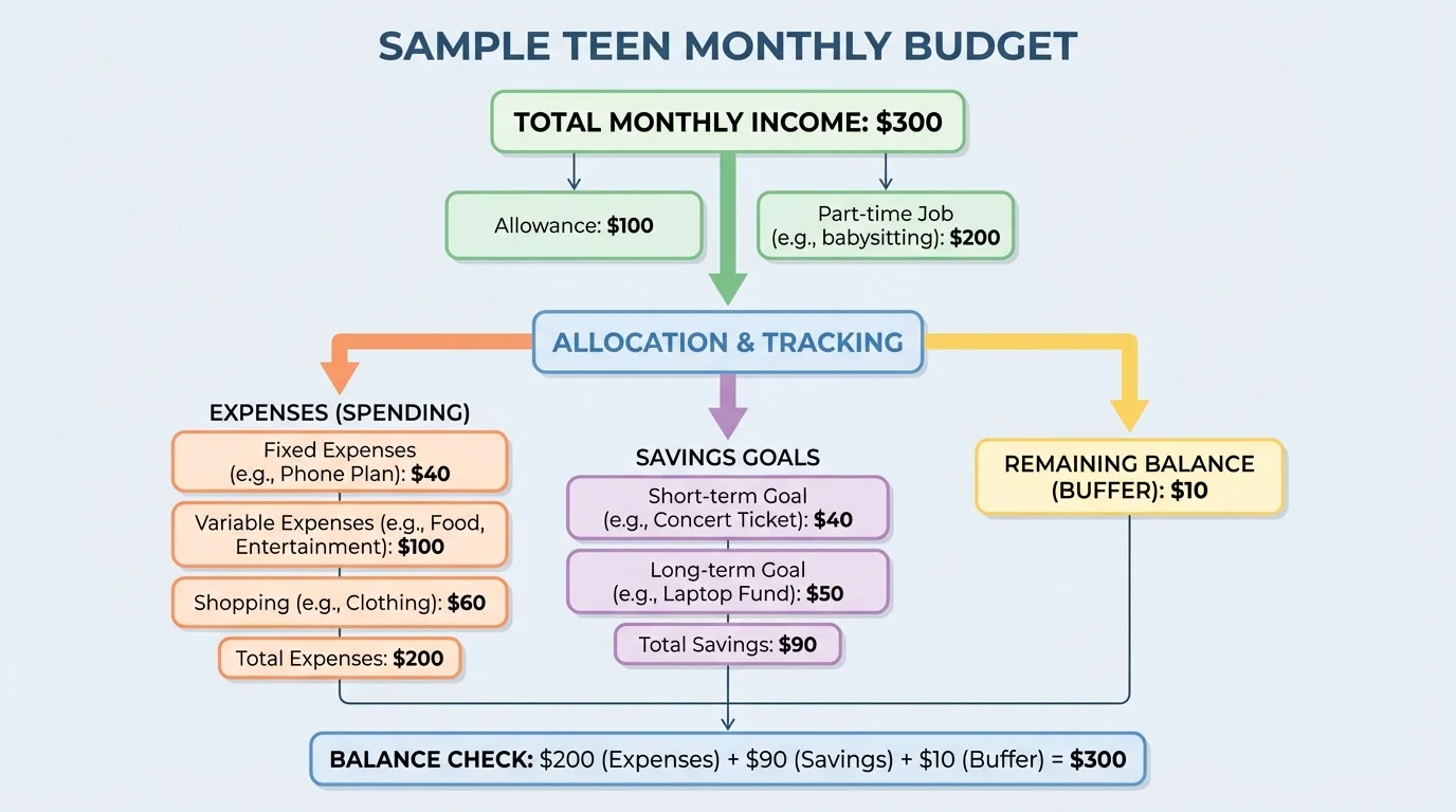Chart showing a sample teen monthly budget with income, spending categories, and savings goal
