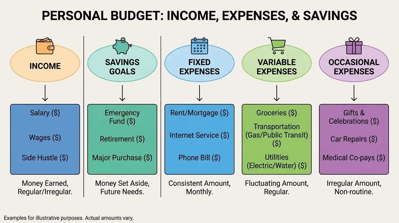Chart comparing fixed, variable, and occasional expenses such as phone bill, snacks, and gifts