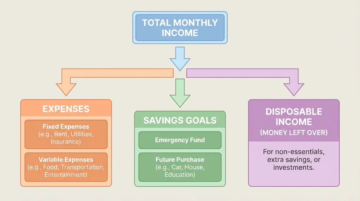 Flowchart showing income at the top splitting into expenses, savings, and money left over