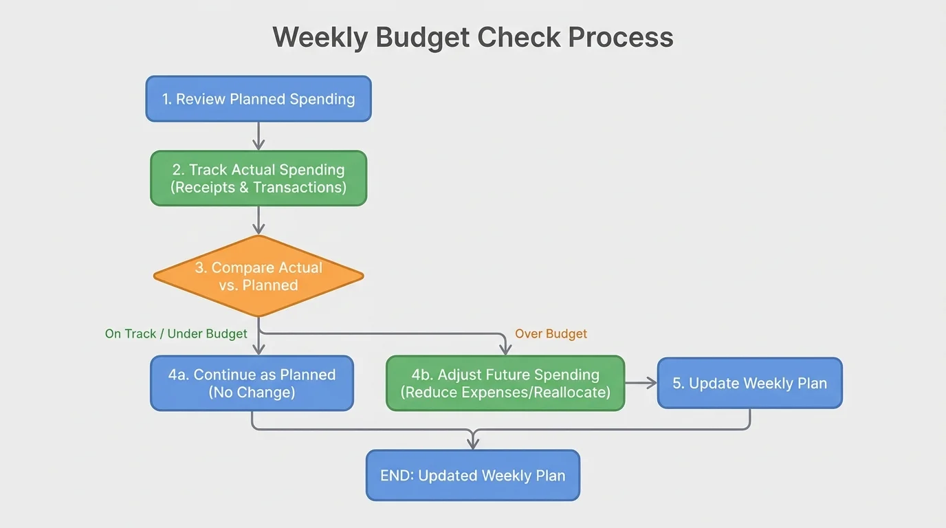 Flowchart of weekly budget check process from planned spending to actual spending to adjustment
