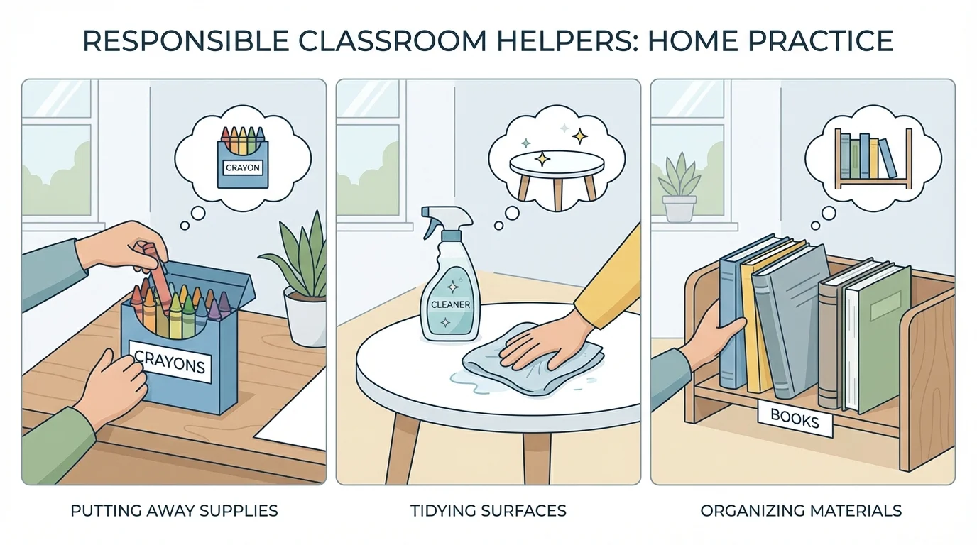 child in a home study space putting crayons in a box, wiping a small table, and placing books on a shelf