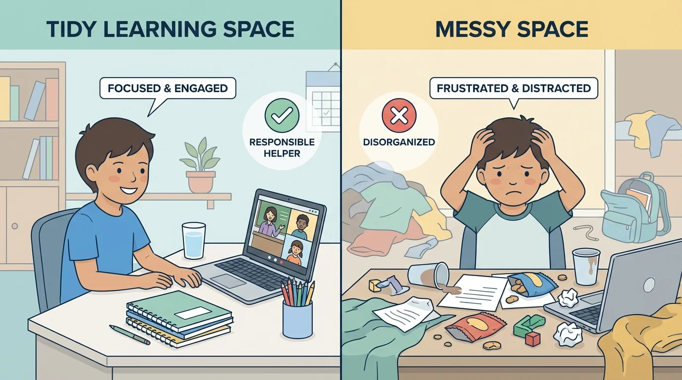 split scene showing a tidy home learning space with a child smiling on a video call versus a messy space causing frustration