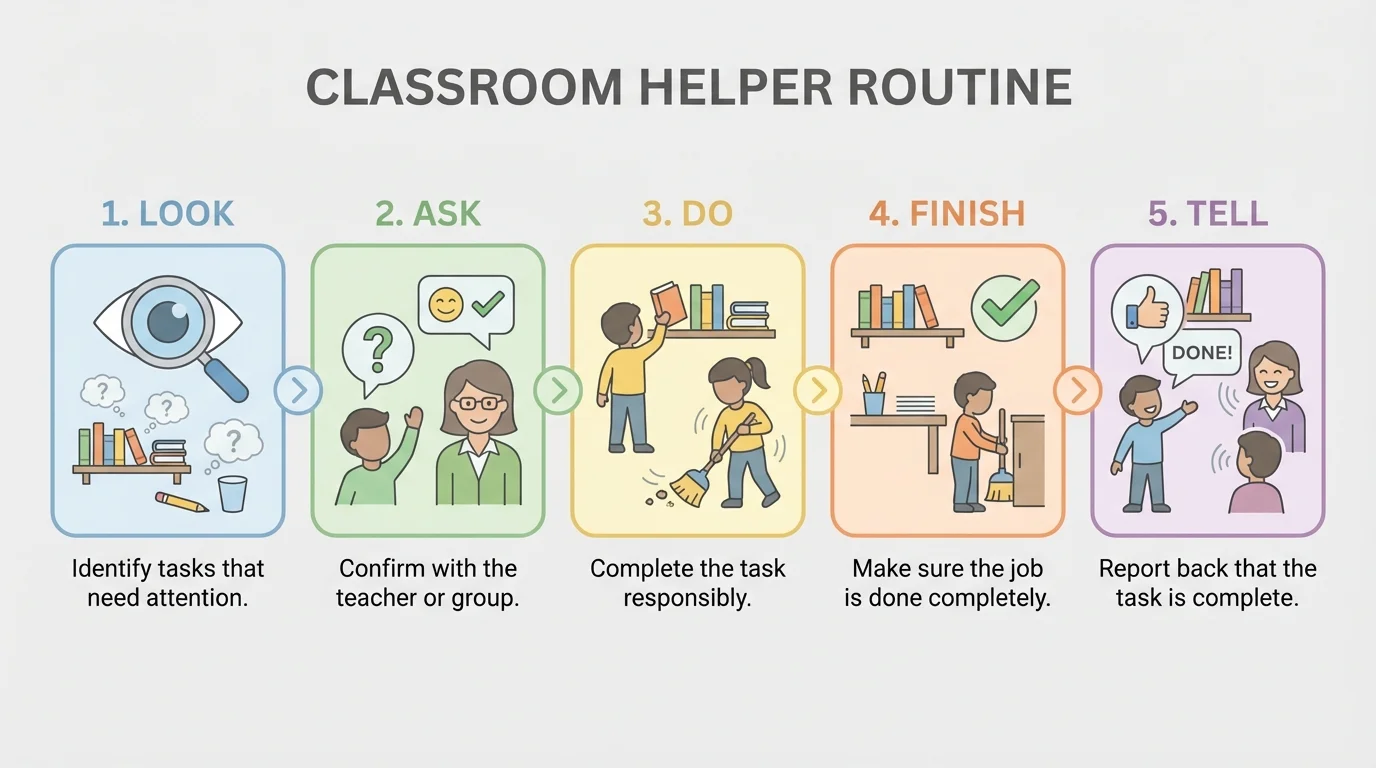 five-step helper routine with simple pictures for look, ask, do, finish, tell