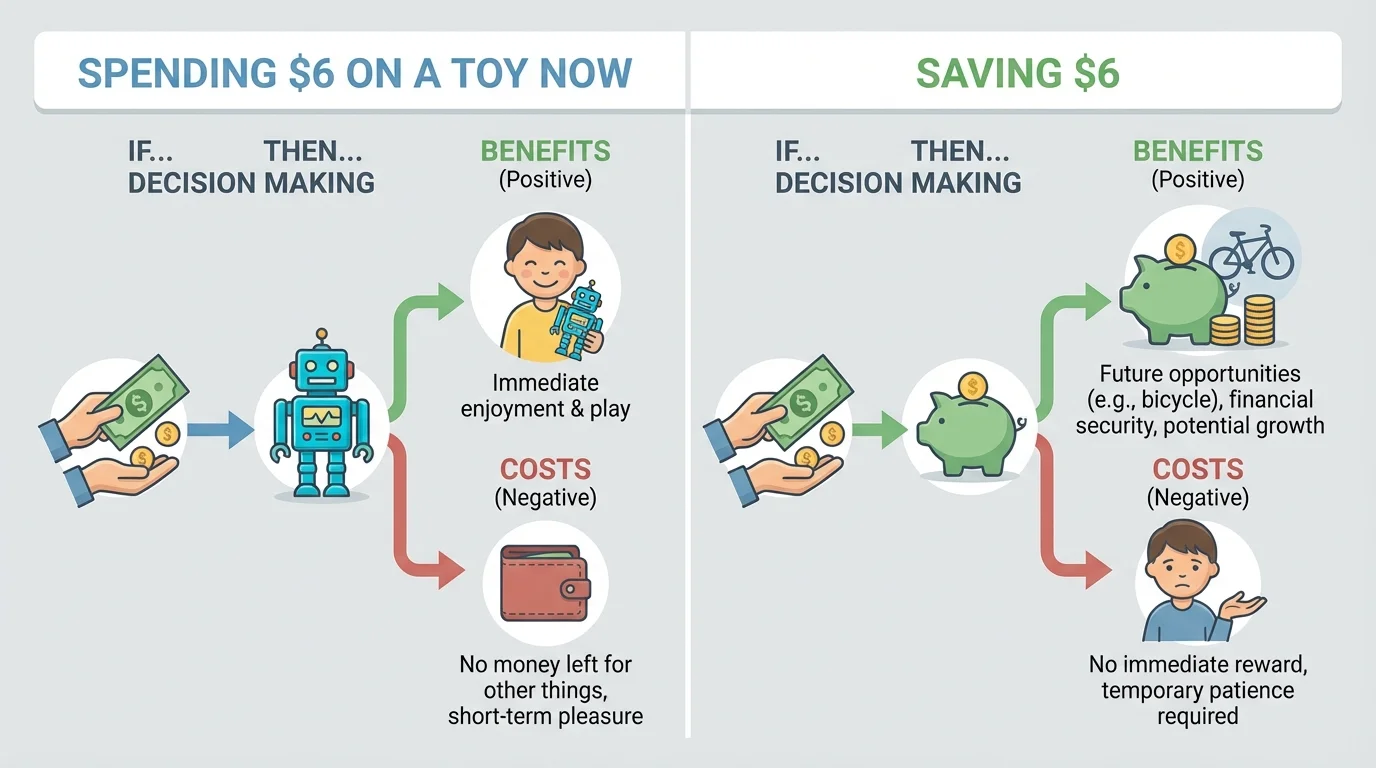 Two-column comparison chart for spending $6 on a toy now versus saving $6, with simple labels for benefits and costs