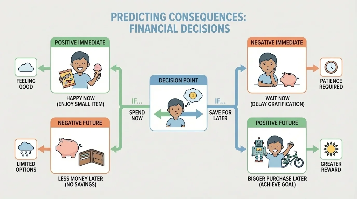 Child choosing between buying candy now or saving money, with arrows leading to results such as happy now, less money later, wait now, bigger purchase later