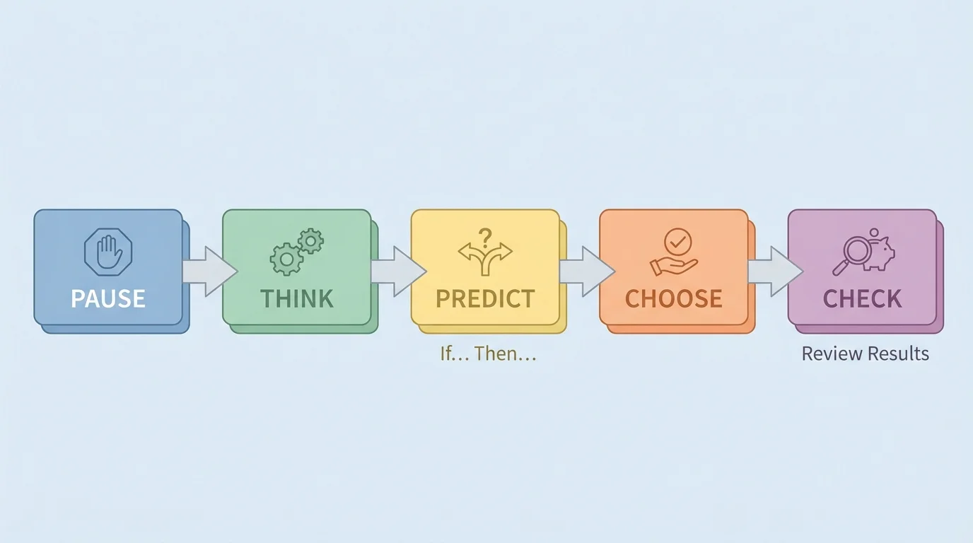 Flowchart with five boxes labeled pause, think, predict, choose, check, connected by arrows