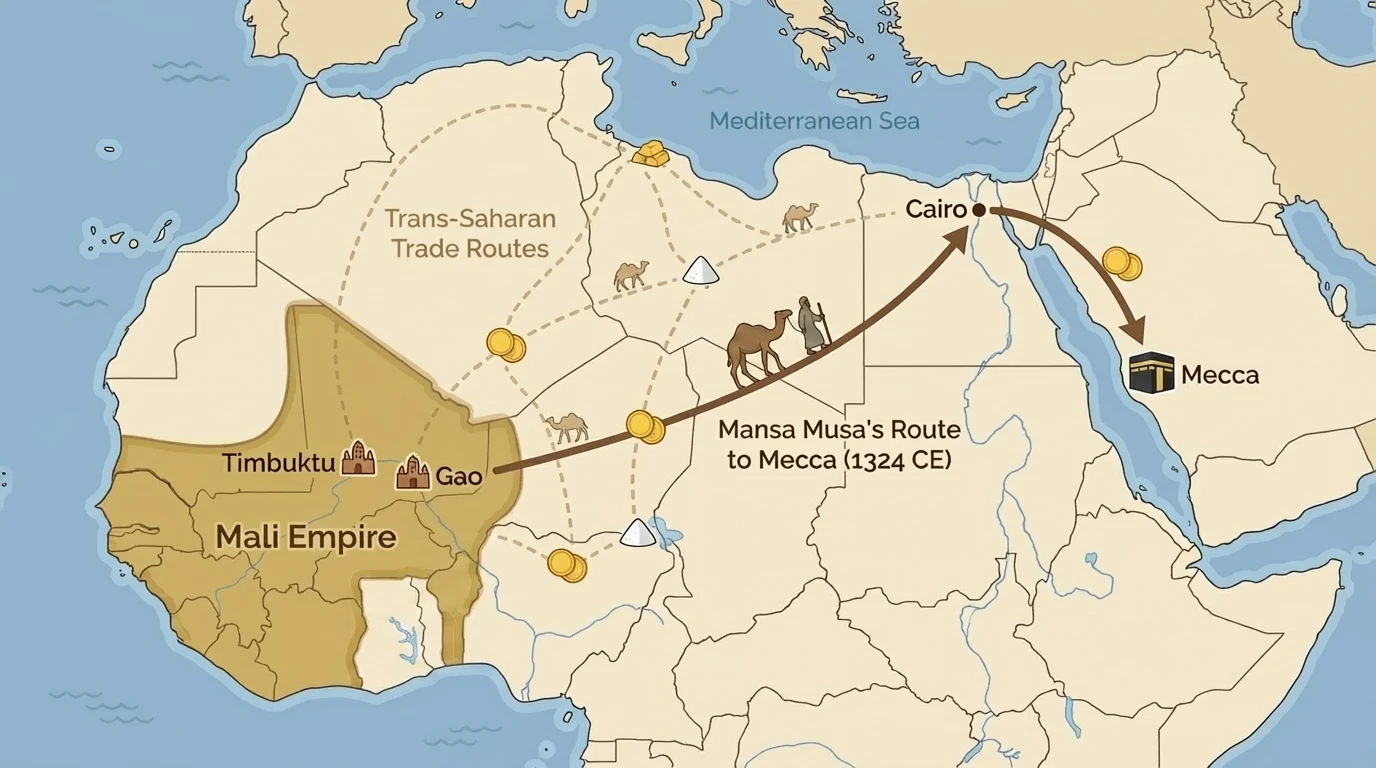 Map of West Africa showing Mali, Timbuktu, Gao, trans-Saharan trade routes, and Mansa Musa's route to Mecca