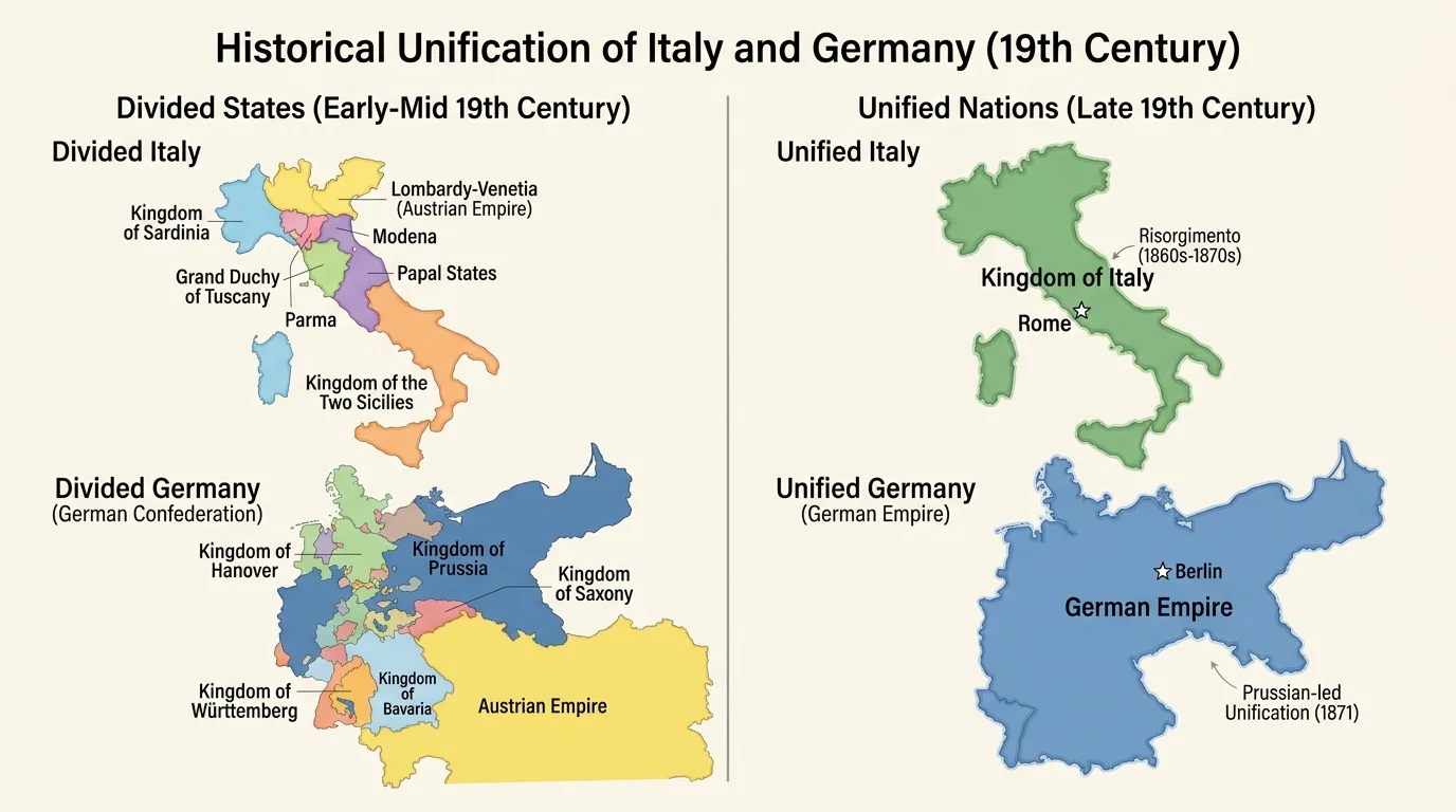 Historical map comparing divided Italian and German states with later unified Italy and unified Germany in the nineteenth century