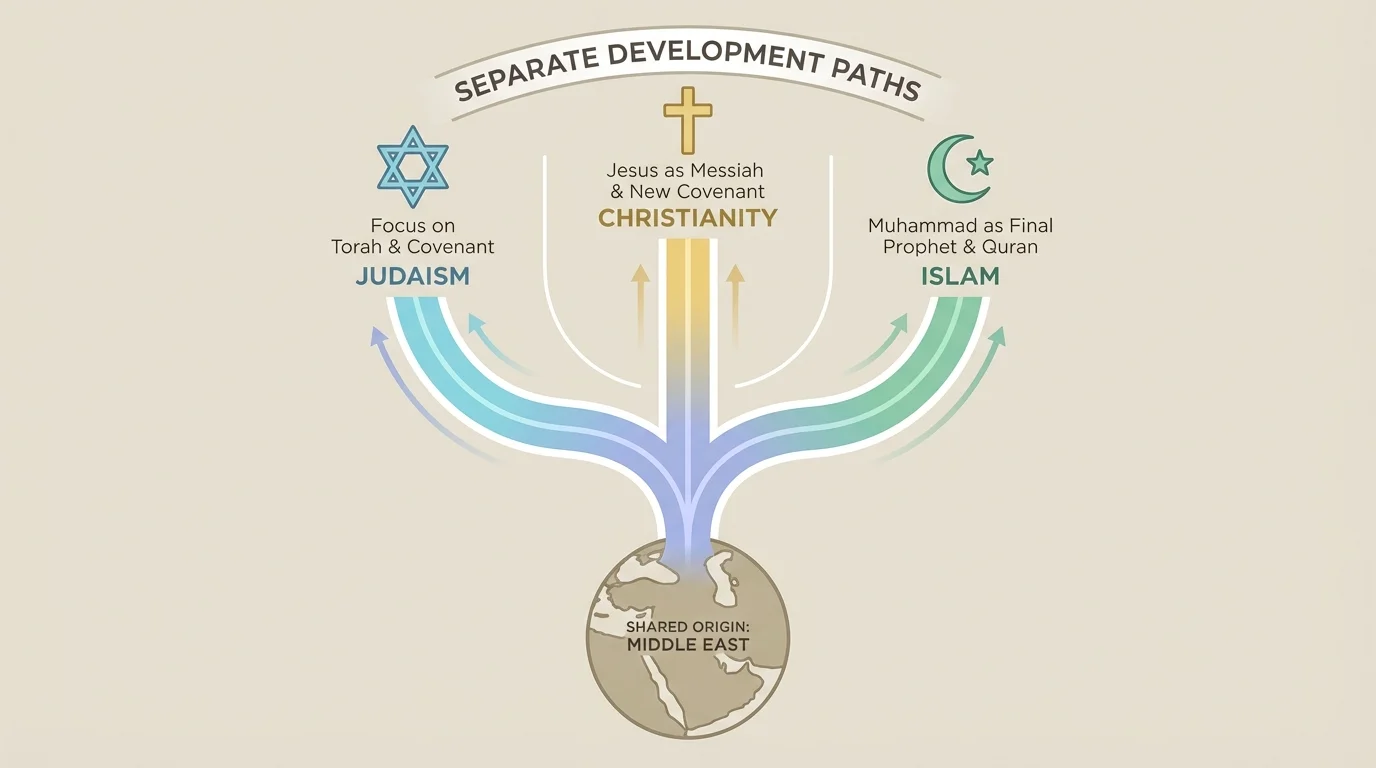 Simple diagram showing Abrahamic religions with shared origin in the Middle East and separate development of Judaism, Christianity, and Islam