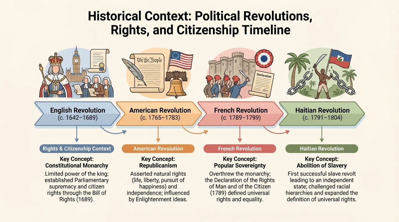 Timeline showing English Revolution, American Revolution, French Revolution, and Haitian Revolution with short labels about rights and citizenship