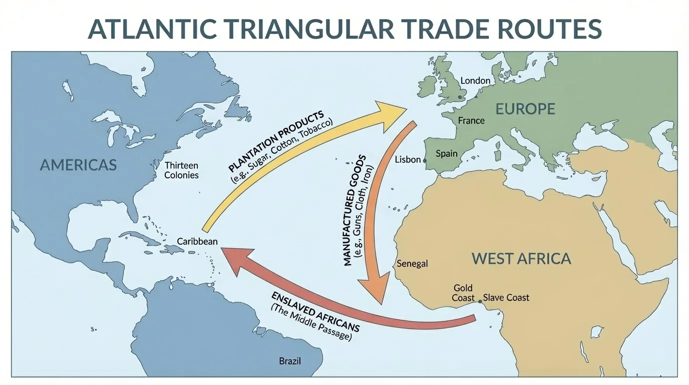 Map of the Atlantic showing Europe, West Africa, and the Americas connected by triangular trade routes involving manufactured goods, enslaved Africans, and plantation products