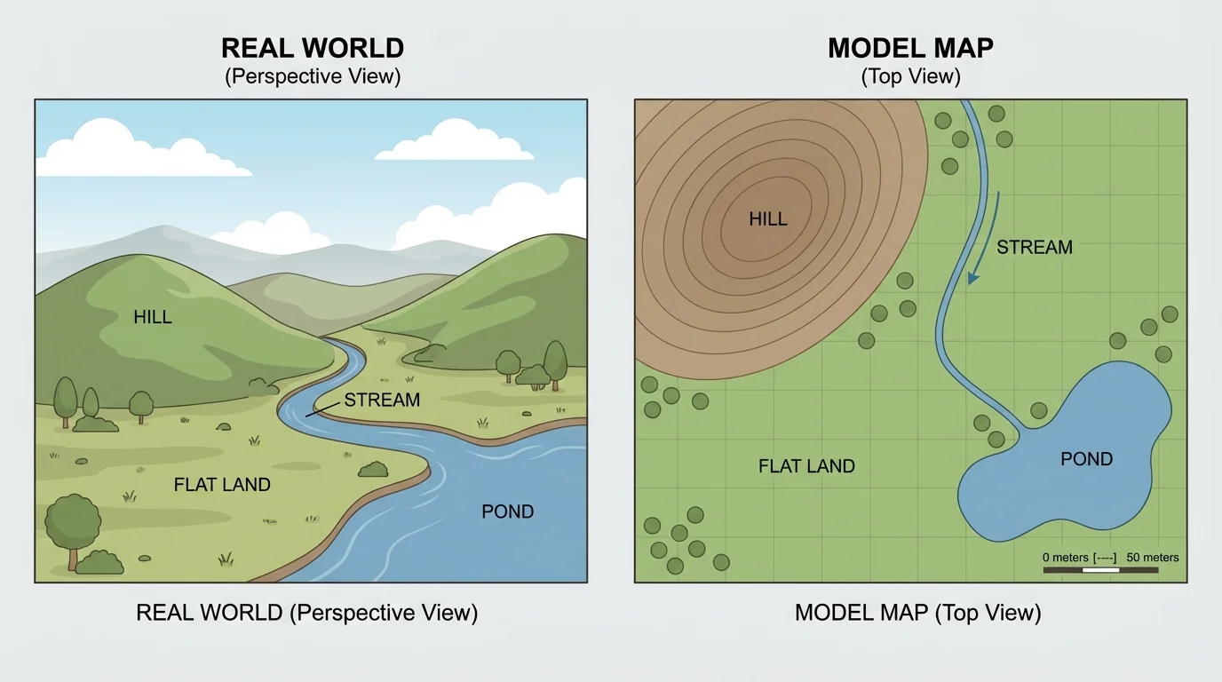 Side-by-side view of a small real landscape area and its top-view model map showing a hill, stream, pond, and flat land
