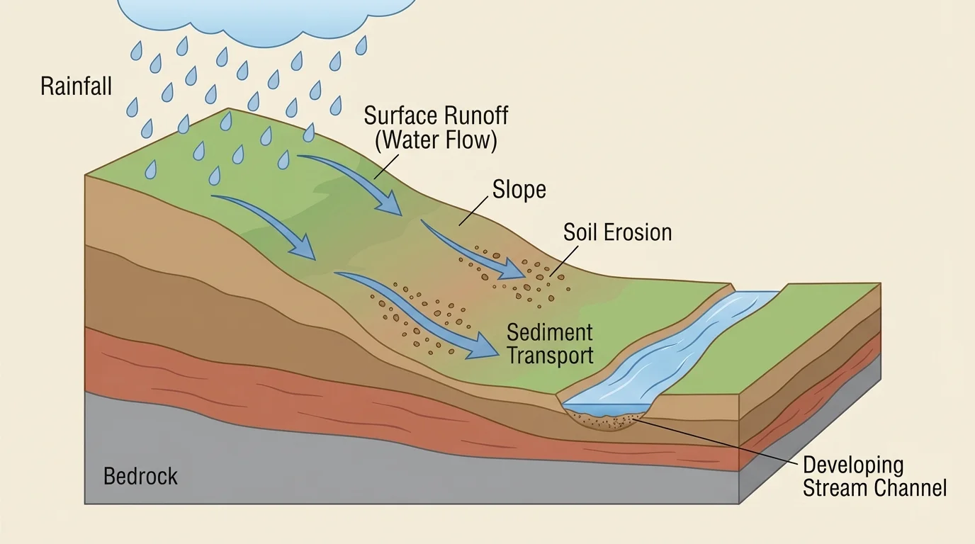 Sloped land with raindrops, water flowing downhill, soil moving, and a small stream channel forming